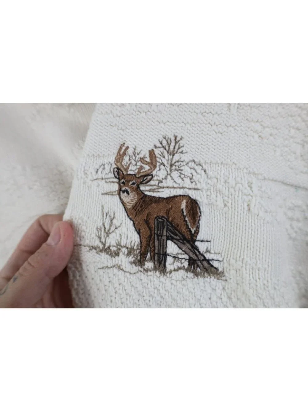 Vintage 90s Streetwear Mens Large Nature Deer Buck Knit Sweater White Cotton USA